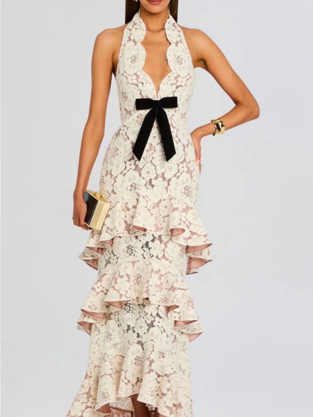 Retrofete Senara Cream Lace Halter Maxi Dress with Black Bow
